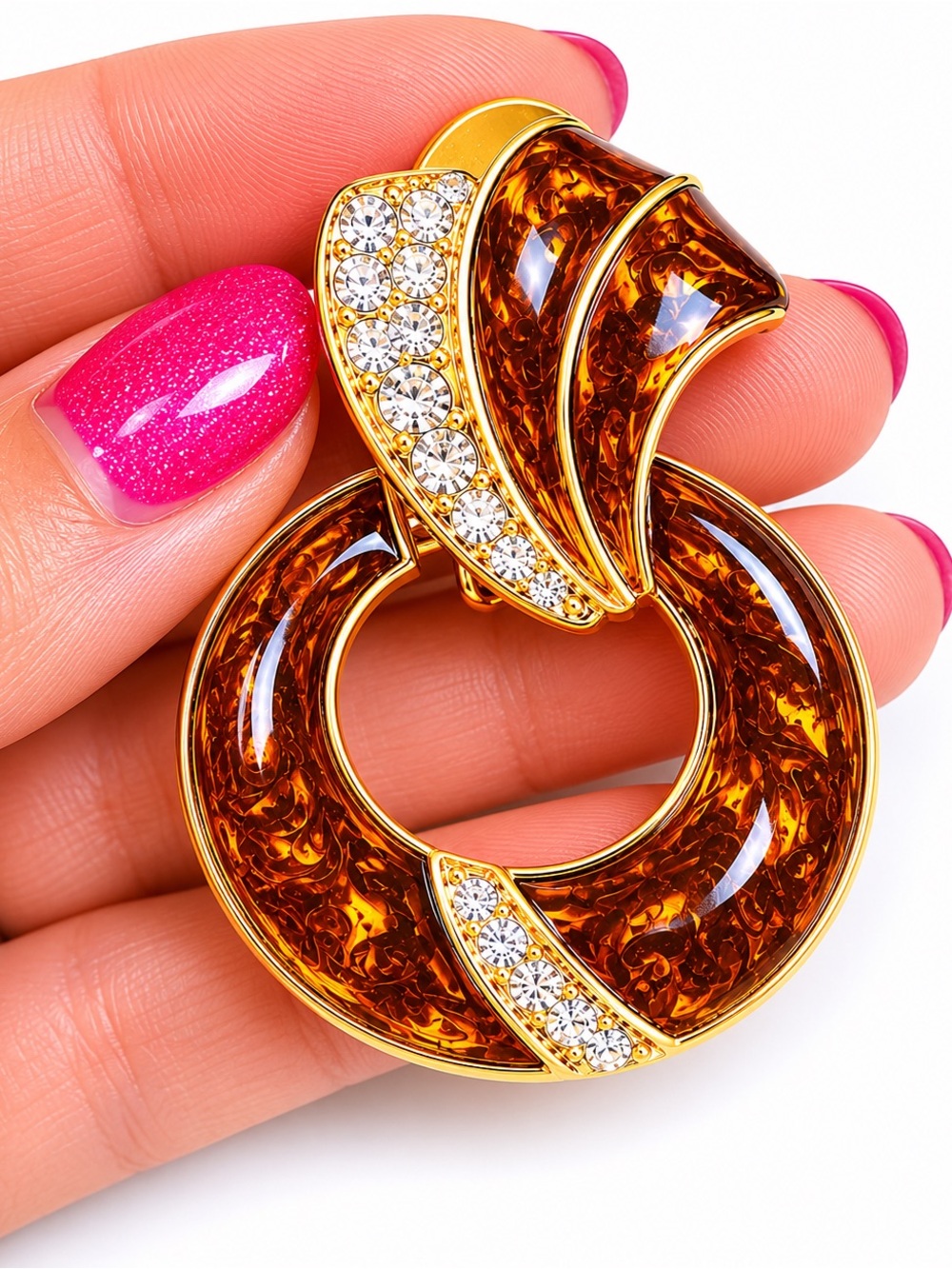 Vintage Tortoise Lucite Rhinestone Clip-On Earrings – Gold Tone Statement Hoops